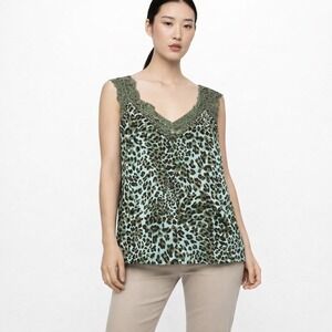 Umgee USA Green Leopard Print Lace Trim Boho Sz M Boho Y2K Retro Resort Feminine